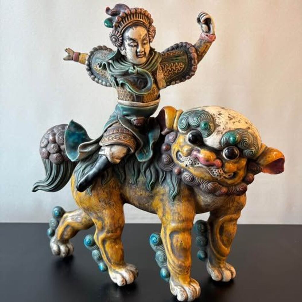 Antique Sancai Chinese Roof Tile Warrior Riding Foo Dog Mythical Beast